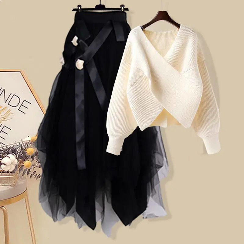 Spring Autumn Long Sleeve Sweater Mesh Skirt Two Piece Set Fashion Elegant Korean Womens Clothing 240829