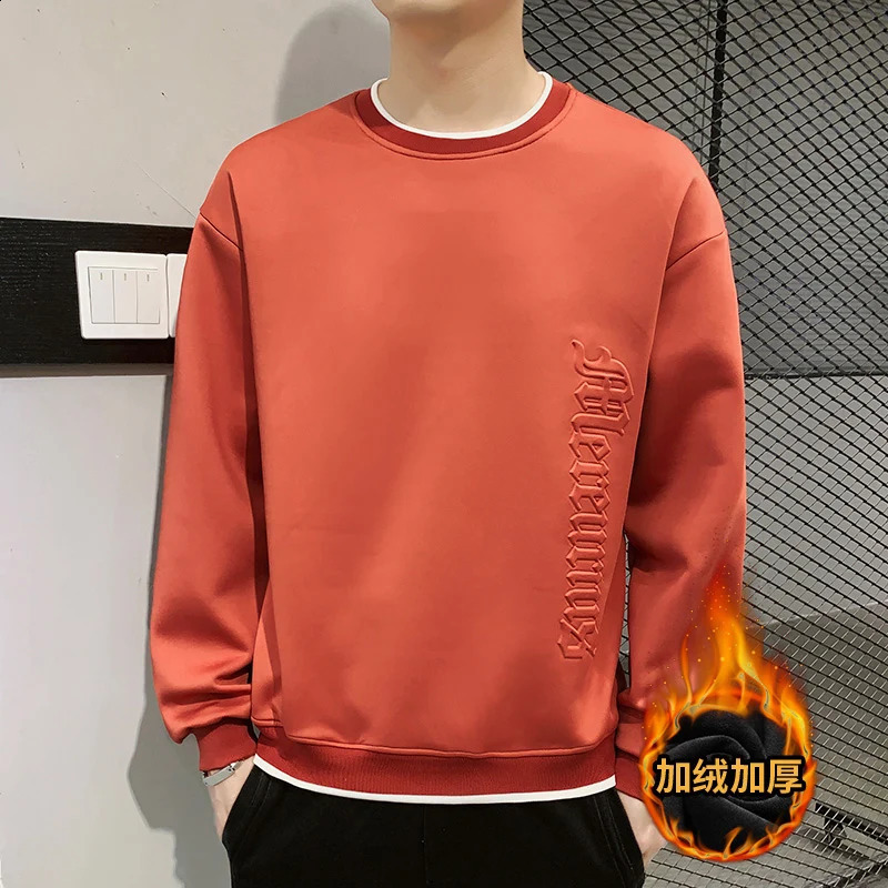 Autumn Winter Mens Crew Neck Thick Hoodies Fashion Youth Solid Color Printed Letter Long Sleeve Loose Pullover Bottom Tops 240829