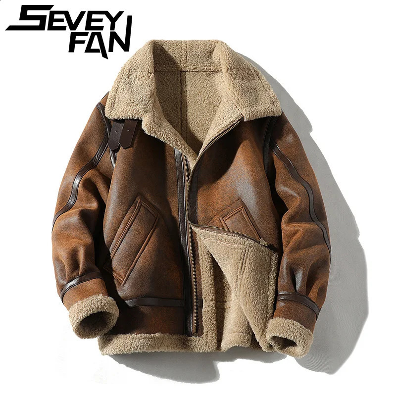 Mens Autumn Winter Thickening Highend Fur Leather Jacket Pu Lamb Wool Motorcycle Coat 240827