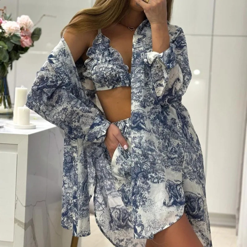 Womens Dress Sets Retro Shirt Suspender Shorts Set Ink Printing Fashion Three-piece Set for Women 240829