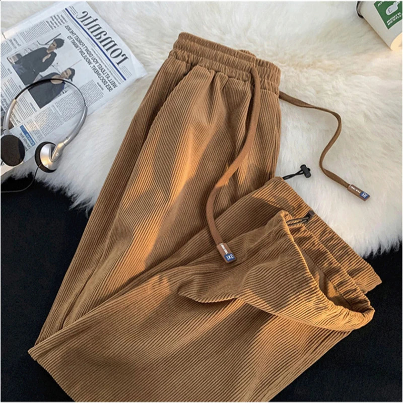 Womens Corduroy Sports Pants Autumn Winter Loose Drawstring Elastic Waist Straight Trouser Retro Lady Cropped Pants 240829