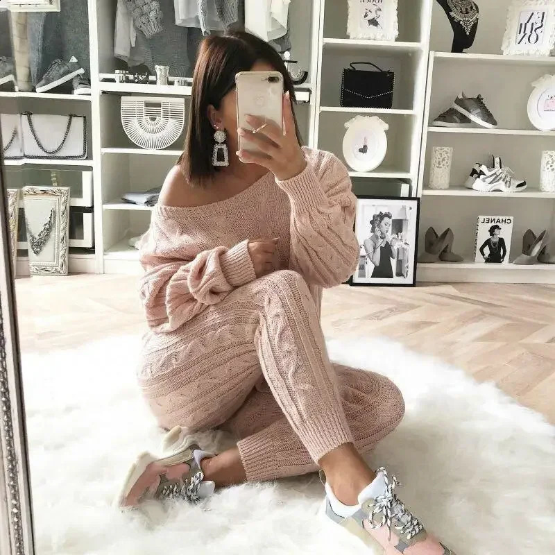 Womens sweater matching set O-neck loose knit sweater top and pants set autumn and winter knit two-piece solid casual womens set 240829