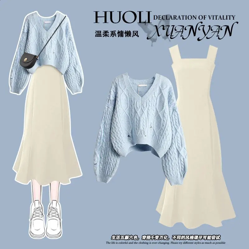 Autumn Winter Wear Suit Hole Knitted Sweater Matching Sling Dress Two-piece Set Elegant Vintage 240829