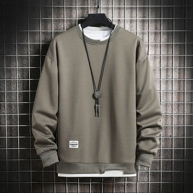 Mens Casual Sweatshirts Fashion false Two Pieces O Neck Hoodies Men Harajuku Streetwear Tops Spring Autumn Solid Male Sweatshirt 240829