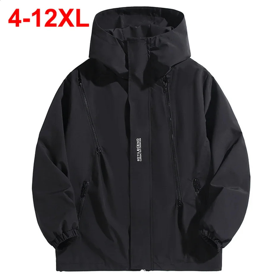 12XL Plus mens hooded windproof jacket with multiple zippers black loose casual jacket mens spring and autumn camping jacket 240830