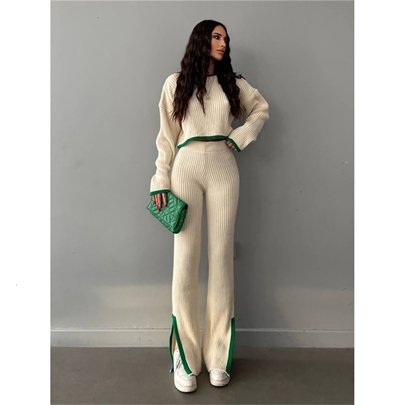 Women Sweater Pant Set Casual Pullovers Suits Autumn Winter Knitted Loose Long Sleeve Striped Tops Elastic Sweaterpants y240829
