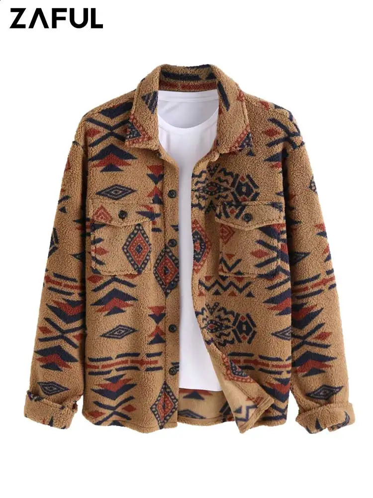 zafull Polar Wool Fluffy Mens Jacket Ethnic Aztec Geometric Printed Jacket Winter High Stretch Street Clothing Jacket Z5075191 240829