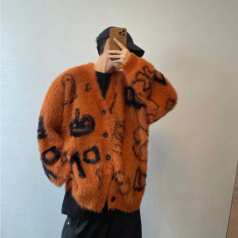 Mens Velvet Pumpkin Graffiti Sweater Coat Autumn Winter Loose Couple V-neck Single Breasted Knitted Cardigan 240829