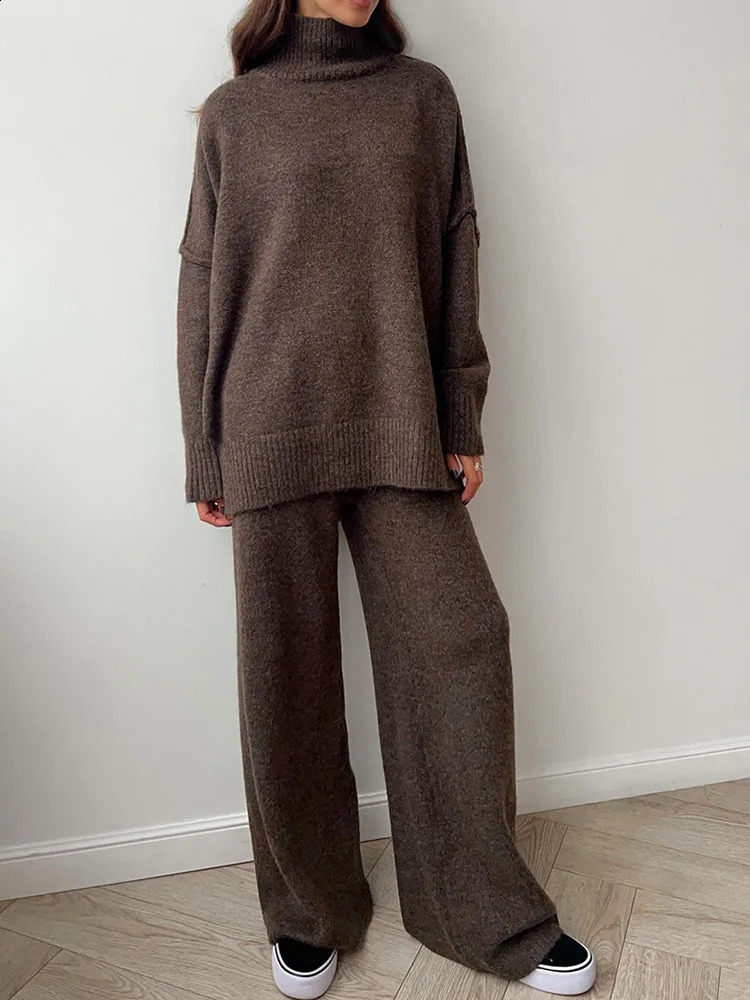 2024 Autumn Winter Knitted Set Vintage Fashion Long Sleeve 2 Piece Solid Loose Split Half High Collar Pant Sets 240829