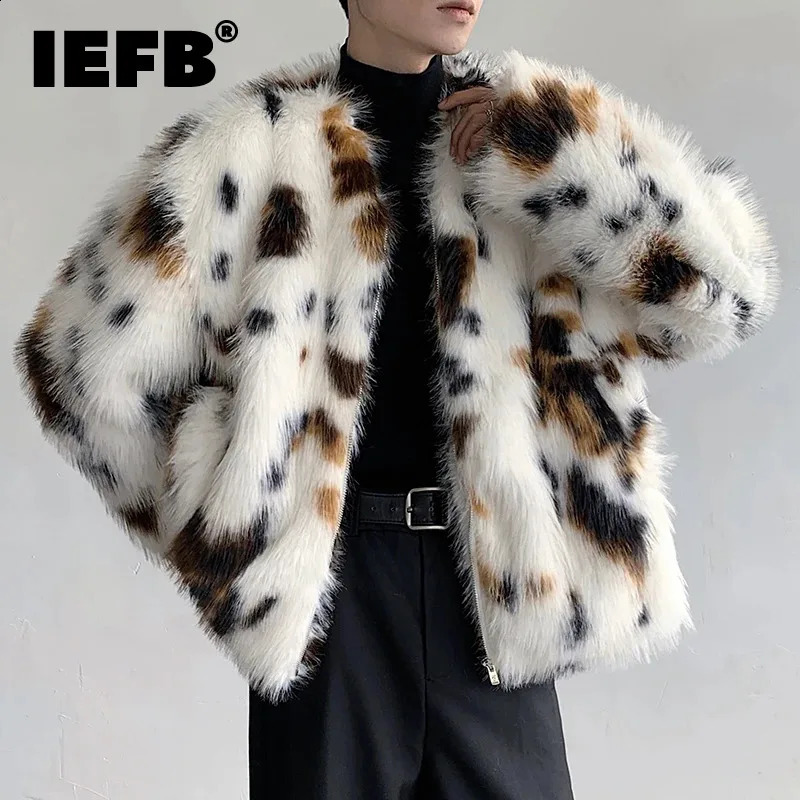 IEFB Men Spotted Warm Short Cotton Coat Faux Fur Suit Personalized Mens Contrast Color Zipper Collarless Jacket 9C3606 240829