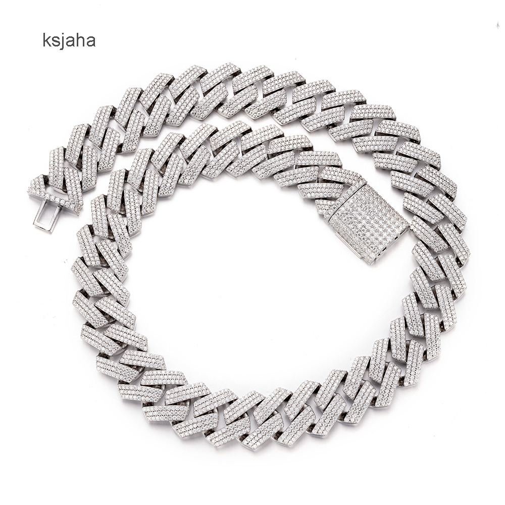 Vente chaude Hip Hop Miami 22 mm 14K Gol d'or blanc Moisanite 925 Chaîne de liaison cubain argenté pour hommes