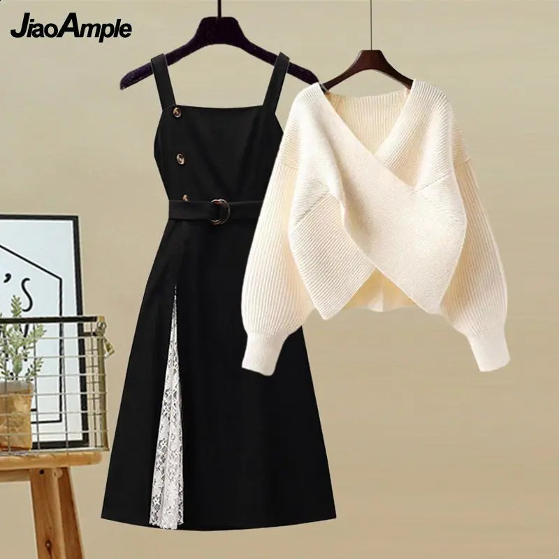 Spring Autumn in Matching Set Womens Fashion V-neck Knitwear Sweater Sling Skirt Two Piece Korean Elegant Dress Suit 240829