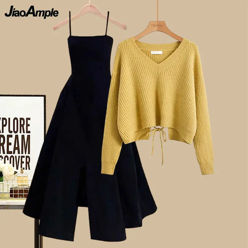 Womens Spring Autumn Suit Korean Elegant Fashion V-Neck Knit Sweater BlouseSling Waist Dress Two Piece Female Skirt Set 240829