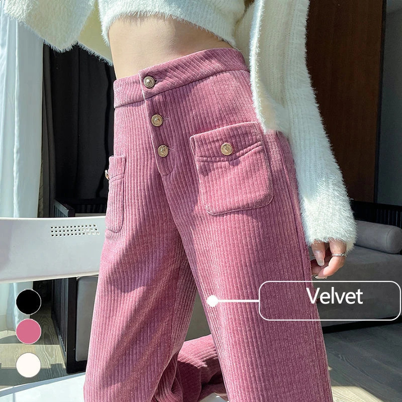 Pantalon de jambe large rose automne femmes hiver en velours en velours côtelé pantalon droit lâche femelle épaisse chaude épaisse 240829
