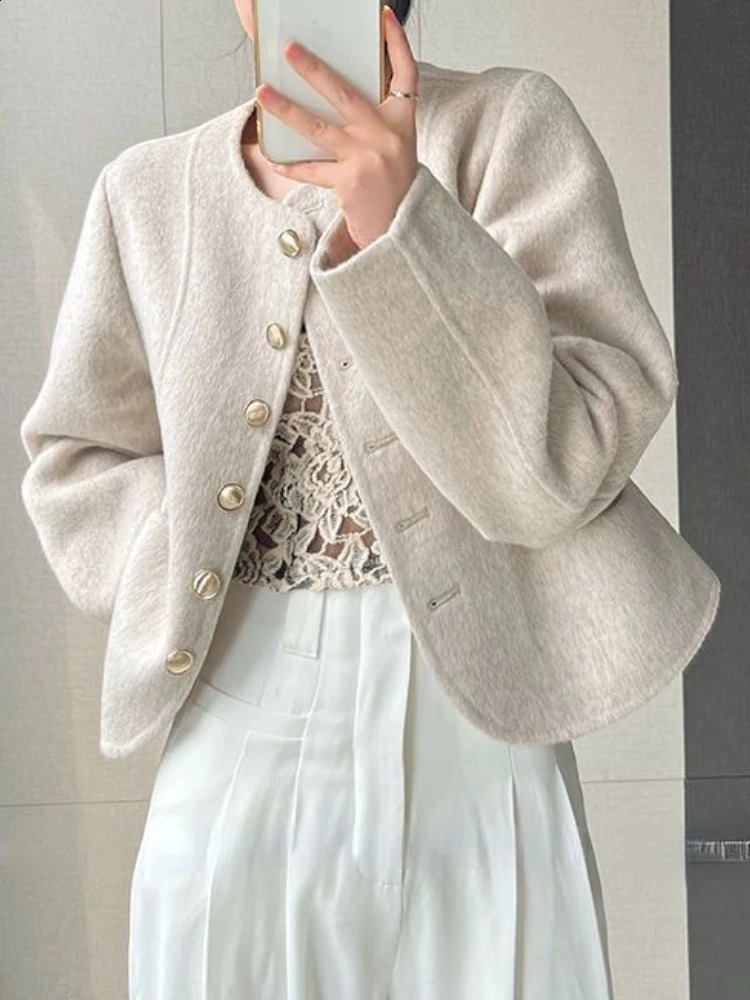 Autumn Womens Coats Round Neck Single Breasted Korean Fashion Wool Coat Temperament Elegant Pink Jackets for Women 240830