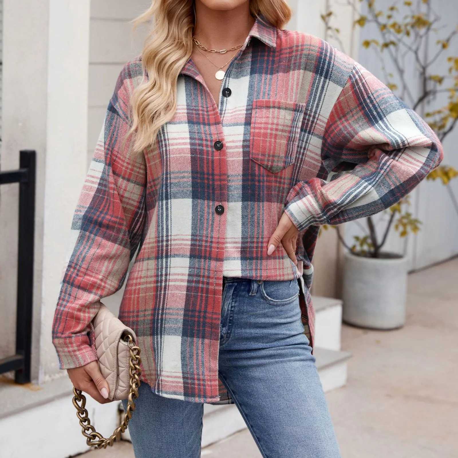 Women's Blouses Shirts Womens Autumn Casual Thousand Bird Plaid Button Down Flannel Woolen Shirt Jacket Oversize Denim Shirt for Women y2408