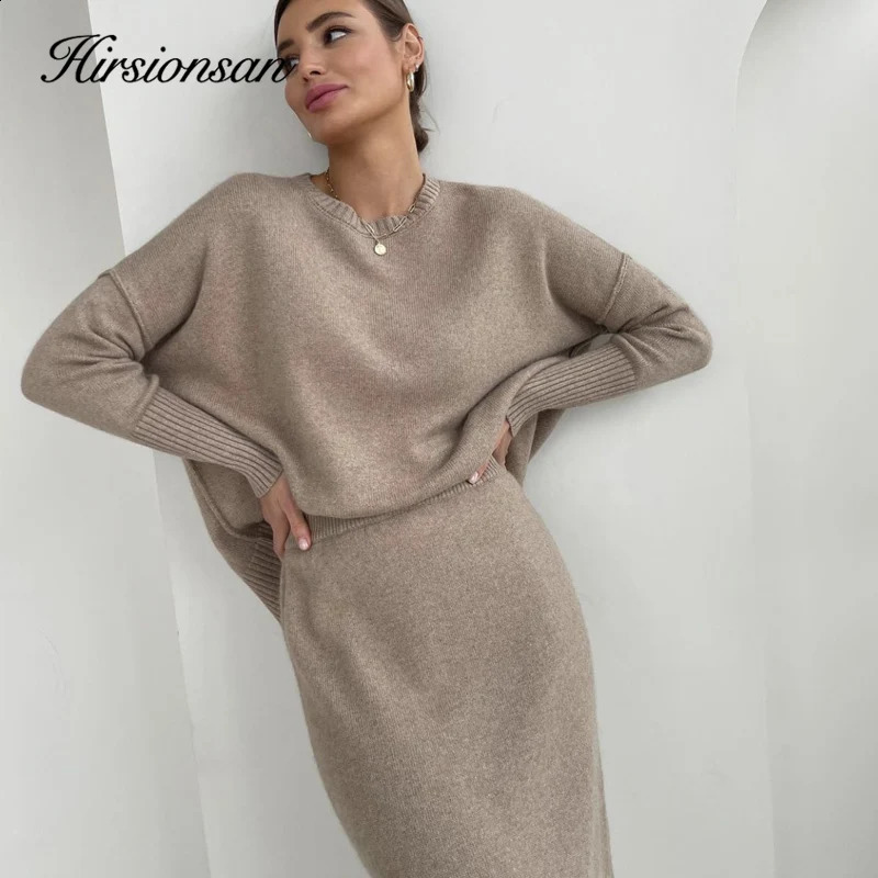 Hirsionsan Soft Elegant Vintage Women Suits 2 Pieces Female Sets O Neck Sweater Midi Dress Ladies Knitted TrackSuit 240829