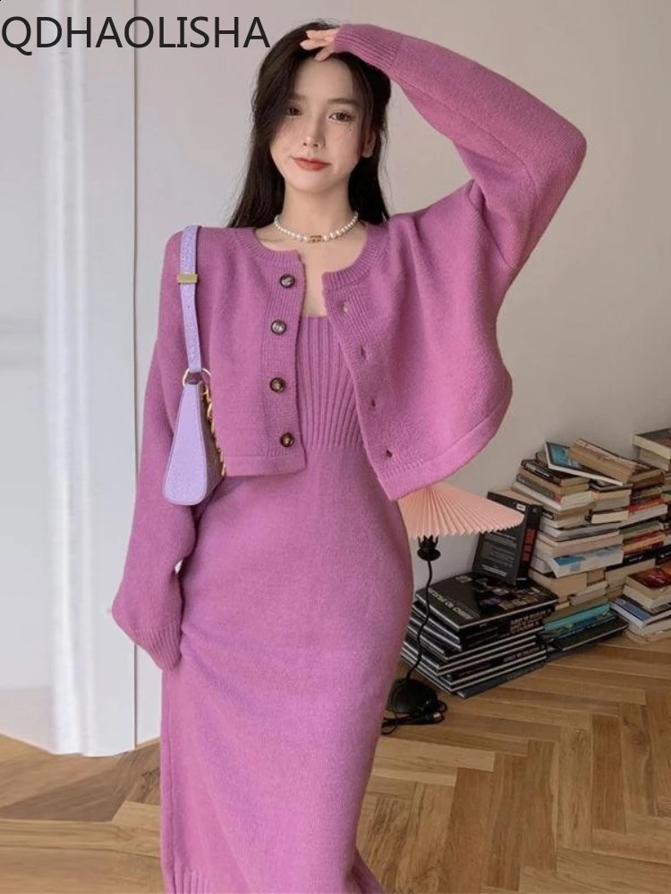 Women Two Piece Dress Set Autumer Winter Knit Cardign Button Sweater Long Dress Set Elegant Korean Fashion Temperament Solid 240829