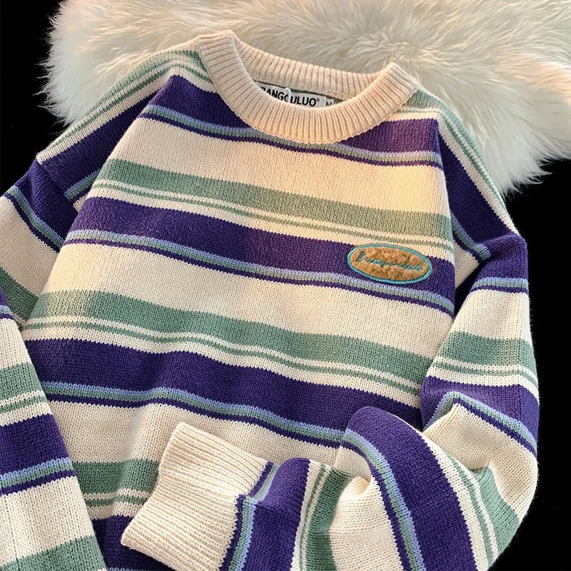 Retro womens sweater winter streetwear warm knit top Harajuku hip-hop loose striped latte couple sweater 240829