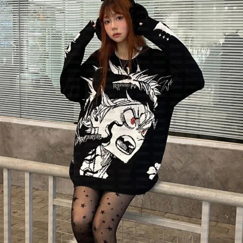 Autumn/winter Knitted Sweater Pullover Men Womens Clothing Vintage Anime Cartoon Round Neck Loose-fit Couple Top 240829