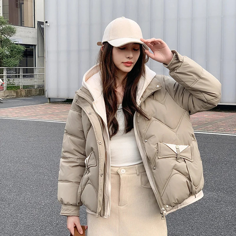 Fake Two Pieces Style Cotton-padded Jacket Womens Winter Hooded Parkas Warm Short Outerwear Streetwear Student Loose Coats 240830