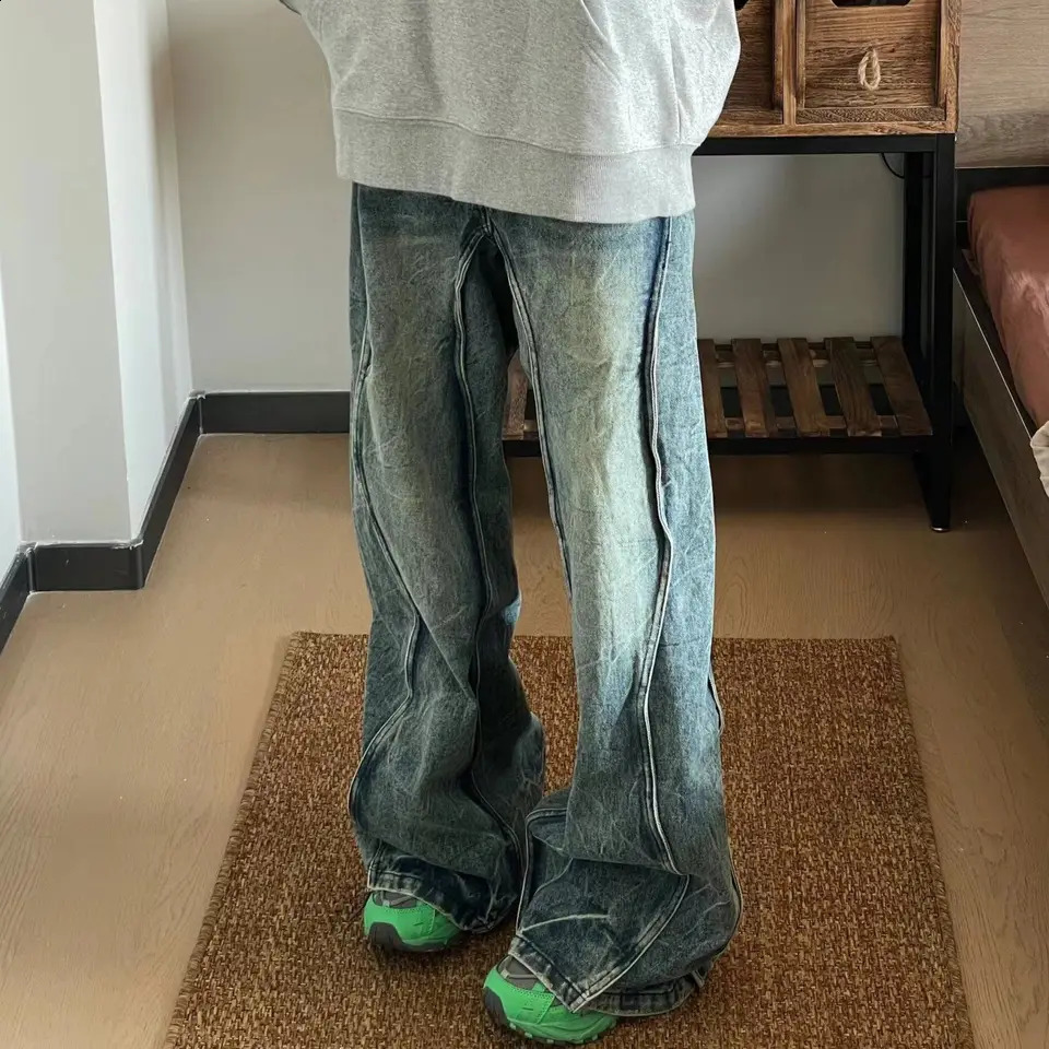 Retro American high-end high street splicing straight leg jeans for men and women trendy loose leg casual pants y2k 240829