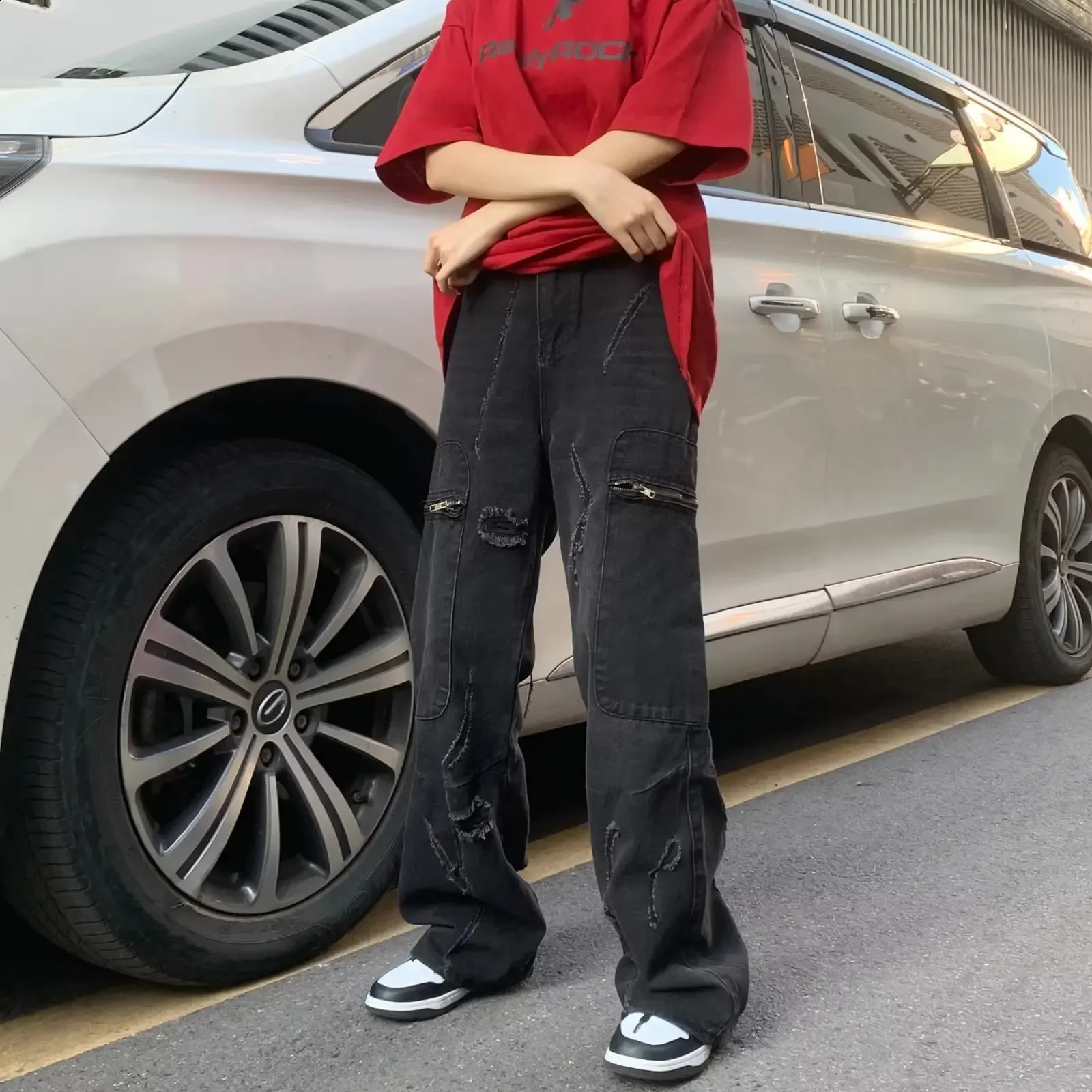 Jean noir minceur à taille haute micro-streetwear à la mode décontractée pantalon de lavage de niche en liberté pour les hommes 240829