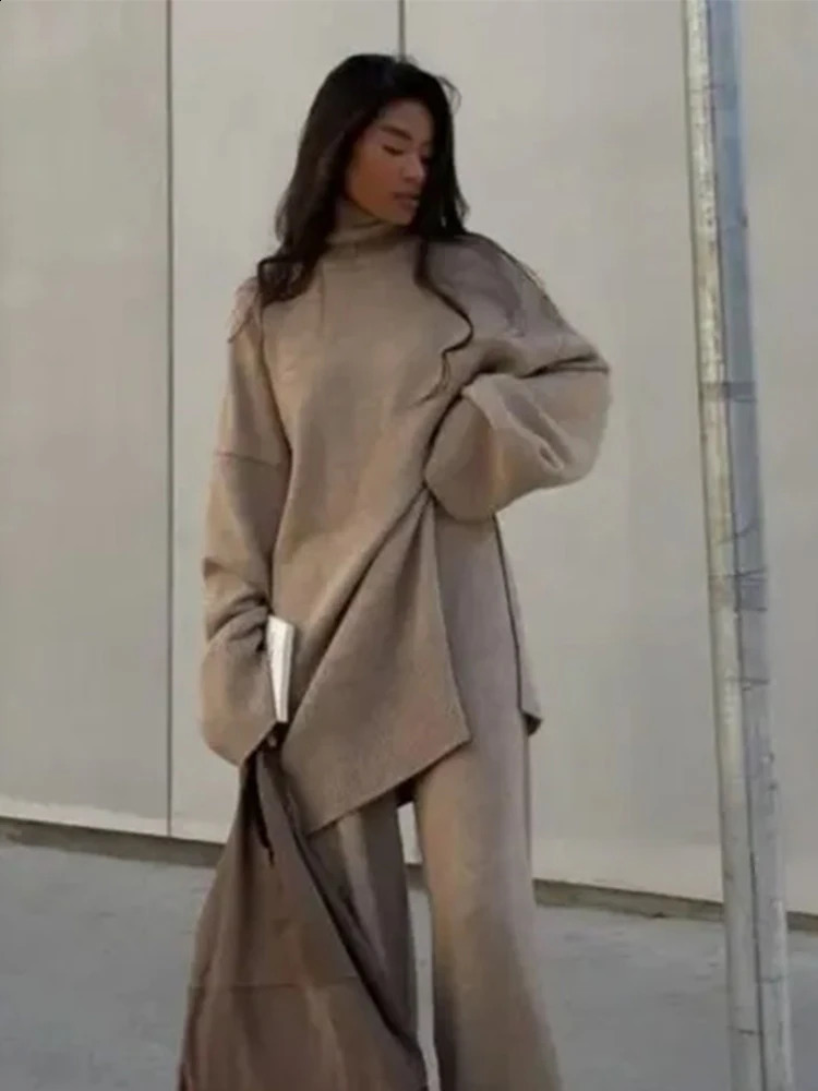 Turtleneck Solid Women Sweater Sets Side Split Loose Lady Top Set 2024 Fashion Casual Winter Wide Leg Female Long Trousers Suit 240829