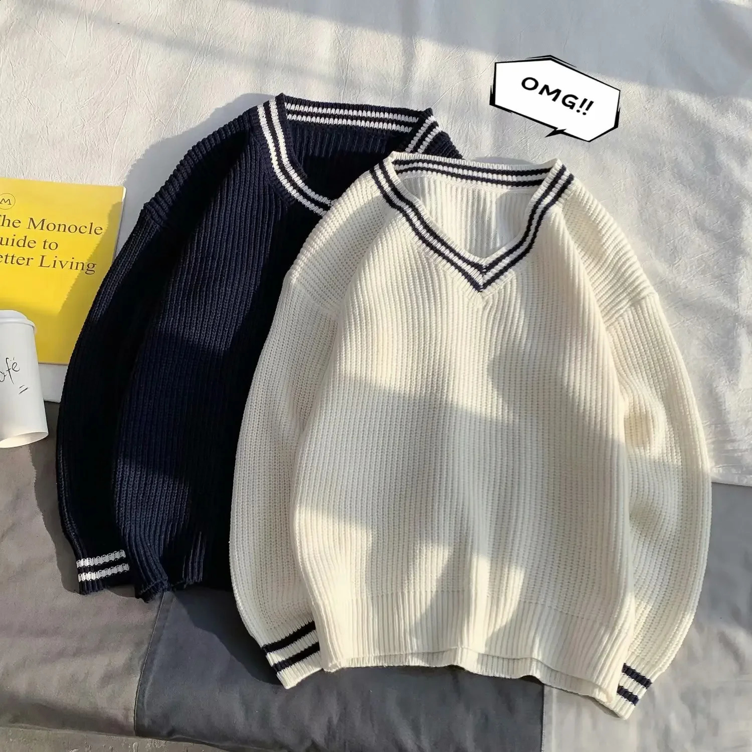 Autumn Winter Loose-fit Idle Style Couple Sweater For Men V-neck Knitwear Preppy Trendy Unique Pullovers Casual Scene 240829