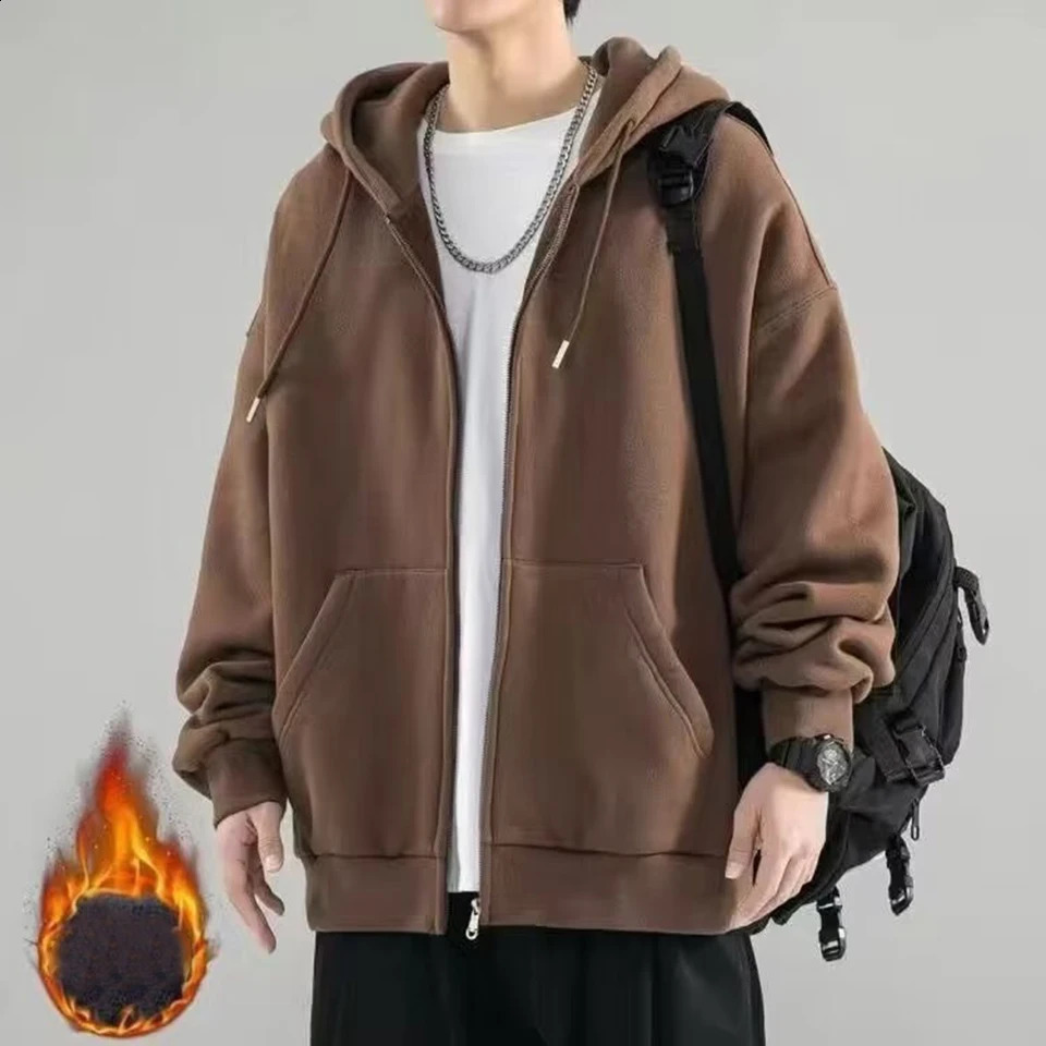 Fashion 5XL Mens Fleece Zip-up Hoodie Solid Color Pockets Baggy Sweatshirt Plus Size Hoodies Man Clothing 240829