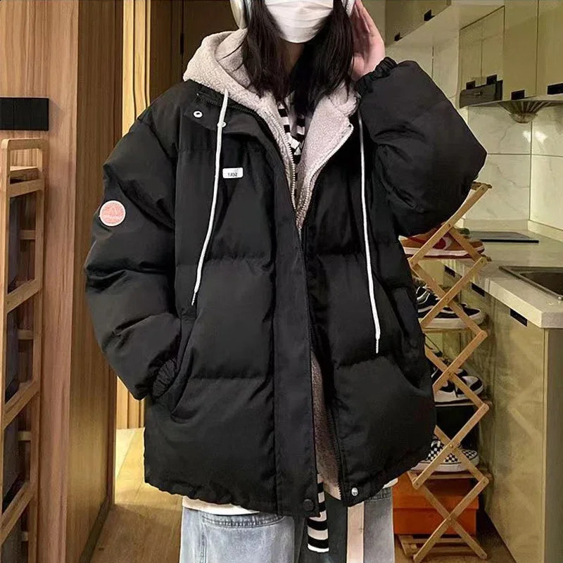 Korean Thicken Puffer Jacket Women Hooded Spliced Lamb Wool Cotton Padded Coats Female Warm Autumn Winter Short Parkas Mujer 240830