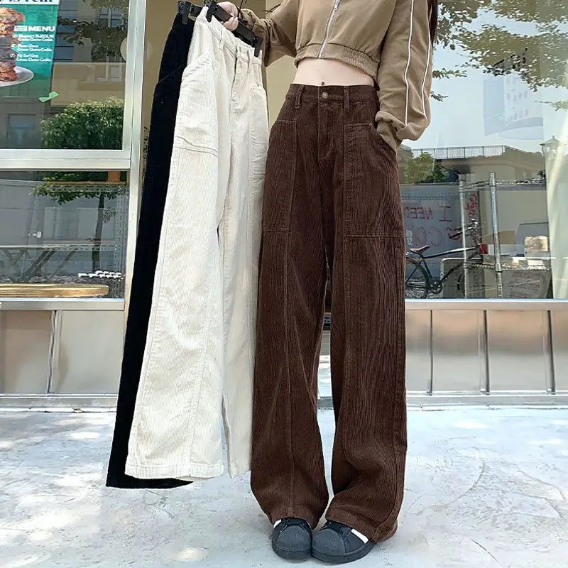 Trousers High Quality Brown Corduroy High Waist Retro WomenS Autumn And Winter Straight Wide Leg Pants 240829