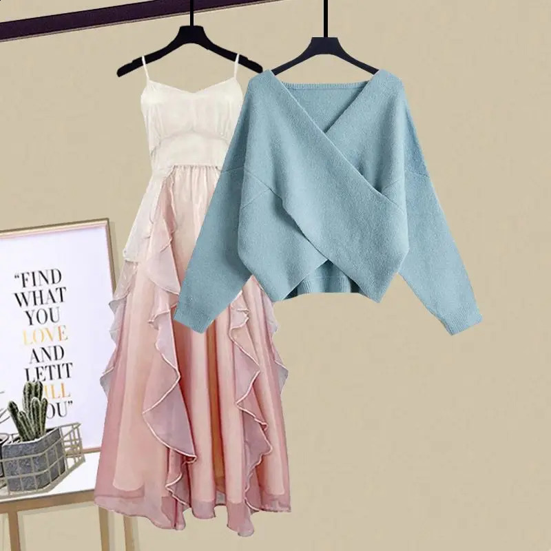 Spring Fall Winter Two Piece Set Women Outfits Korean Casual Long Sleeve Knitted Short Sweater And Straped High Waist Dress Sets 240829