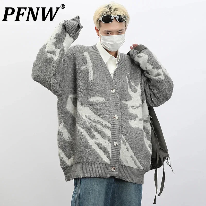 PFNW American Plush Open Knitted Sweater Mens Street V-neck Loose Retro Hip Hop Mens Fashion Top 28W4432 240829