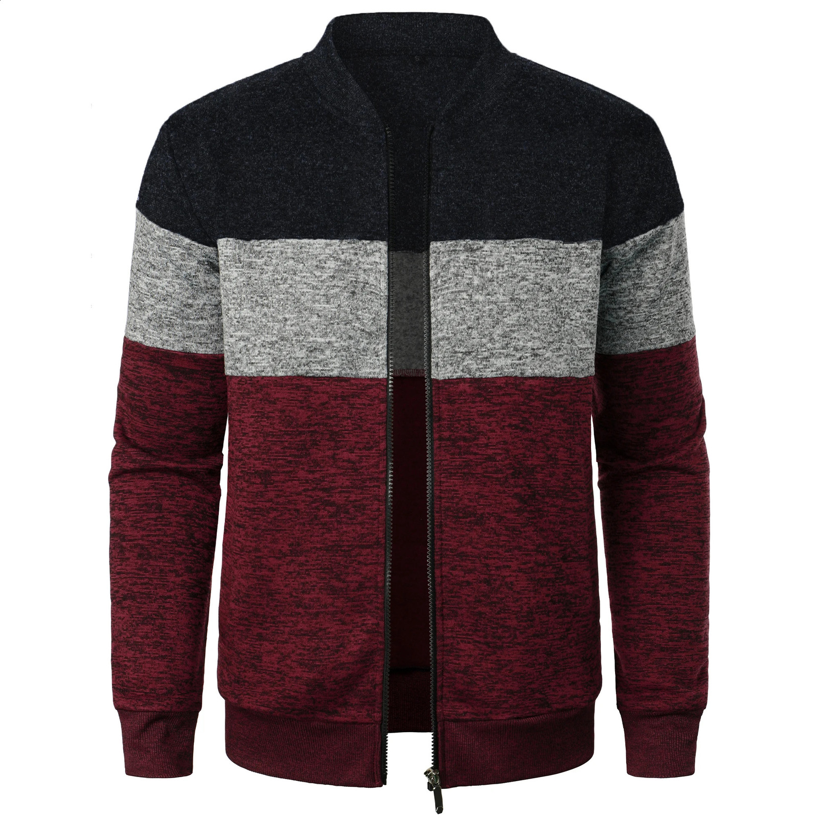 Autumn and winter mens standing collar striped checkered zipper with cashmere fashionable color knitted jacket 240829