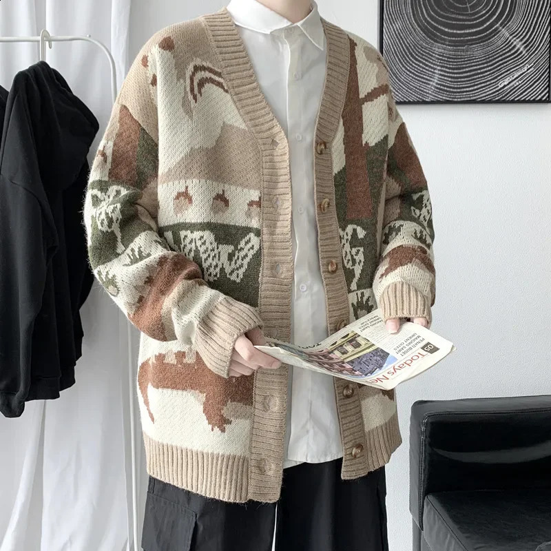 Fashionable knitted mens jacket casual sweater loose fit suitable for autumn and winter street hip-hop jazz cardigan couple sweater 240829