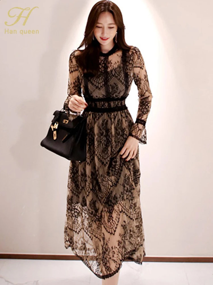 H Han Queen vendant l'automne Elegant Sexy Womens rétro Robe en dentelle à manches longues Long Robe à col