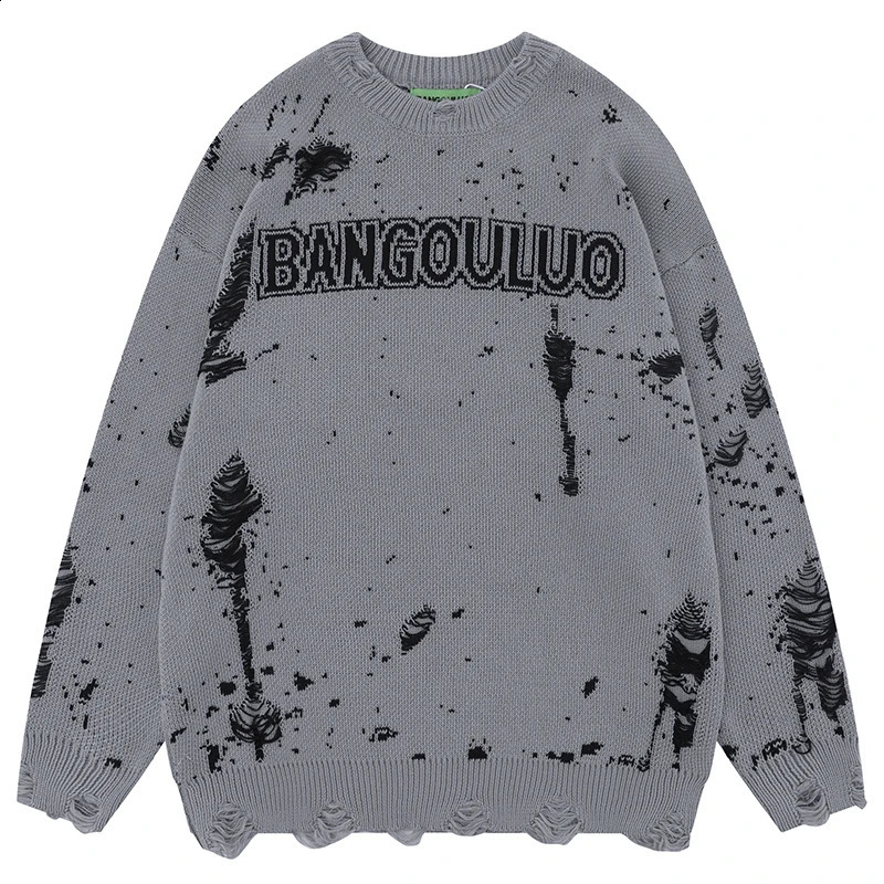 Autumn mens knitted jumper sweater hip-hop retro tear knit streetwear Harajuku fashion casual latte knit clothing 240829