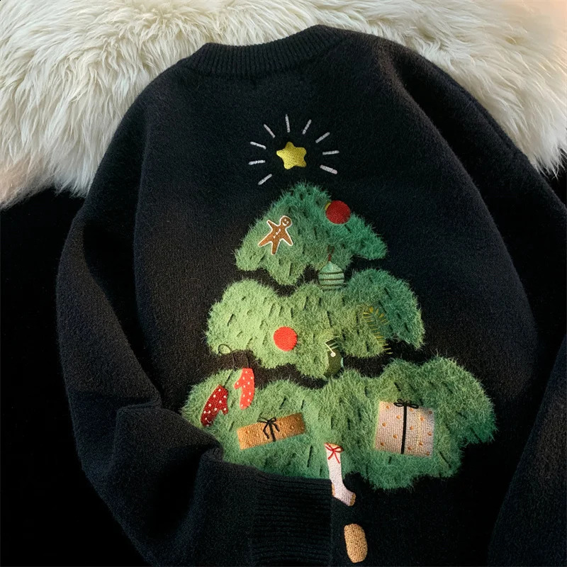Arbre de Noël Jacquard Broidered Mens Pull Y2K Retro Latte Knit Autumn Pocket Streetwear Casual Streetwear 240830