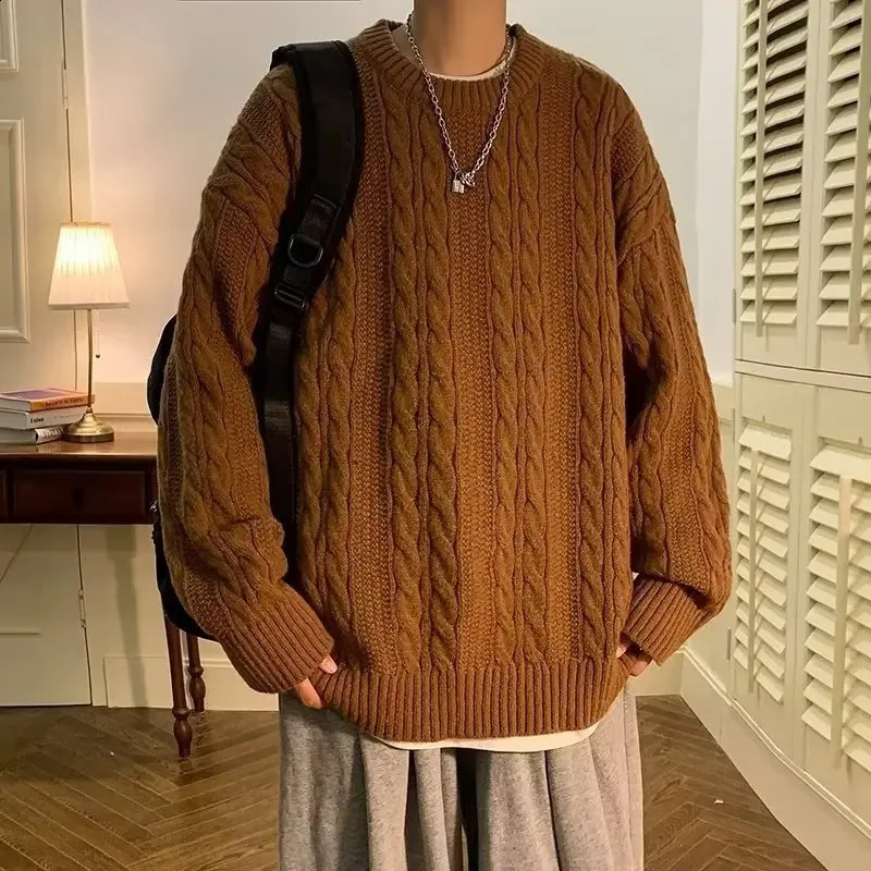 Autumn/winter Trendy Korean Style Loose-fit Knitted Sweater For Men Casual Crew Neck Pullover Jacket Hong Kong Style Easy Going 240829