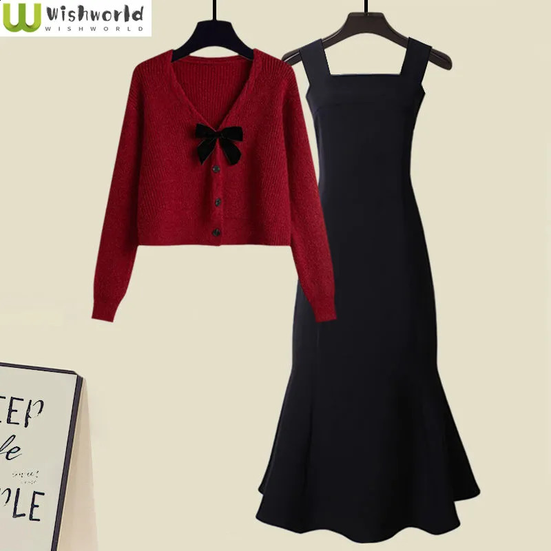 Spring and Autumn Set Womens Korean Sweetheart Style Knitted Sweater Style Dress Two Piece Set Fashion 240829