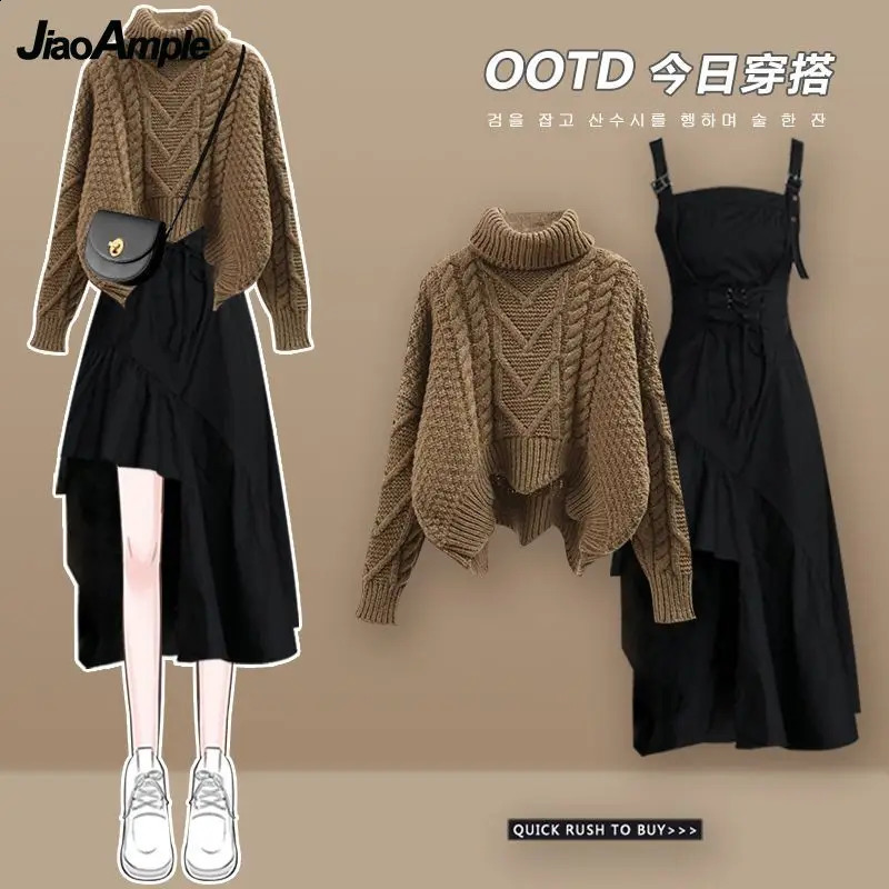 Womens Autumn Winter Two Piece Suit Korean Elegant Loose High Neck Knitted Sweater BlouseIrregular Dress Matching Set 240829