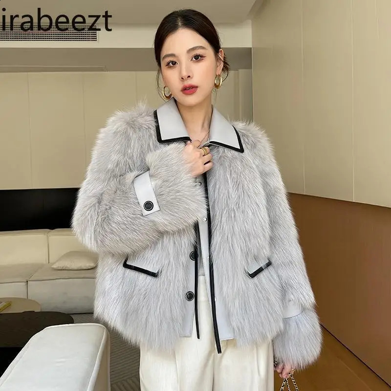 Woman Autumn and Winter Imitation Fox Fur PU Leather Splicing Short Fur Bow Coat Fashion Women Winter Jacket 240829