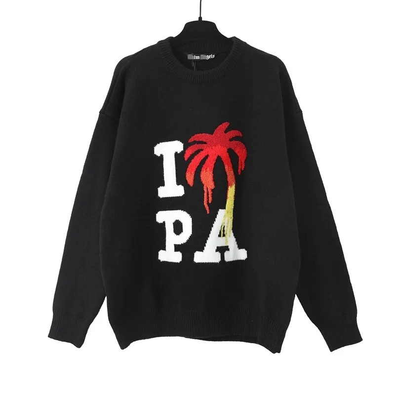 Trendy Pa Palm Tree Letter Gradient Coconut Tree Embroidery Pullover Round Neck Knit Sweater For Men Women Casual Scene 240829