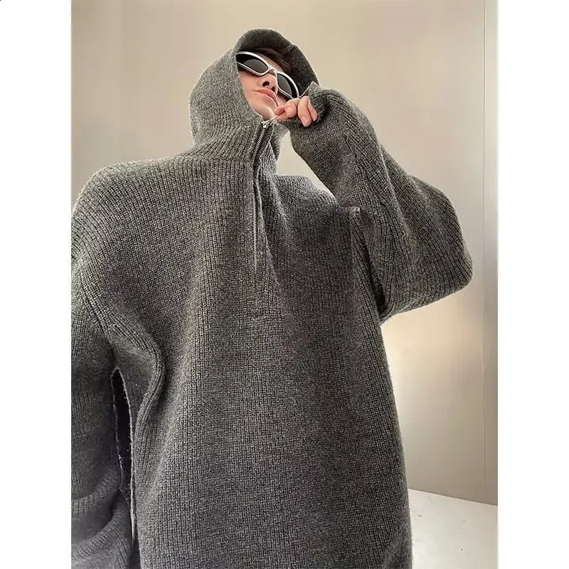 American Style High Street Winter Half Zip-up Hooded Sweater For Men Loose Fit Korean Version Versatile Knitted Top Jacket 240829