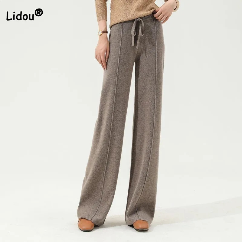 Autumn Winter All-match Solid Wide Leg Knitted Pants Womens Clothing Drawstring High Waist Casual Thick Trousers for Female 240829