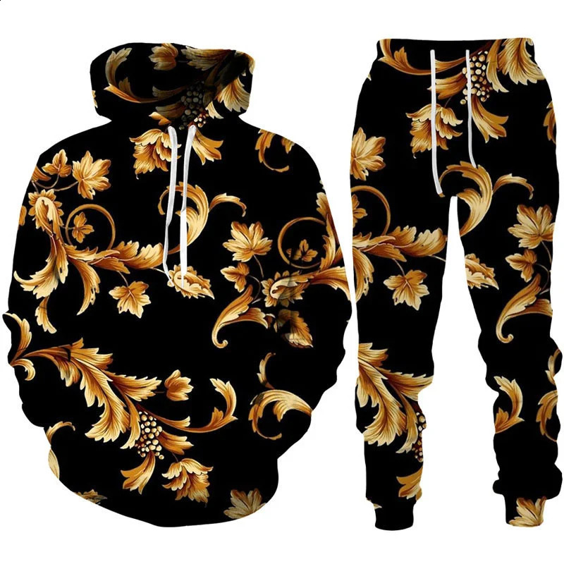 Sweat à capuche imprimé / Automne Golden Flower 3D Sweat-shirt décontracté et vêtements de sport pour hommes 240829