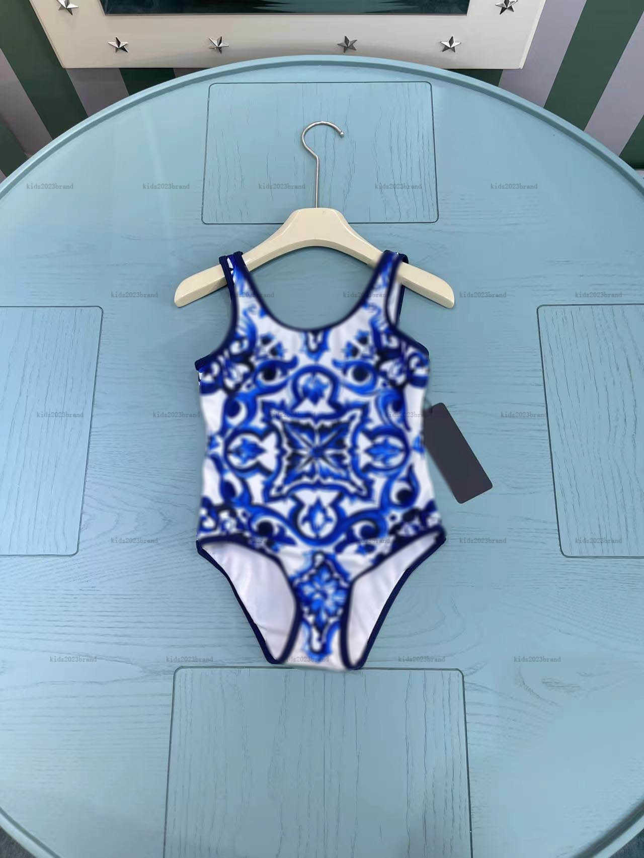 New kids one-pieces Swimsuit Blue symmetrical pattern girls swimwear size 80-150 CM Summer child Beach Bikinis Designer Children Swimwears-image-1016032310