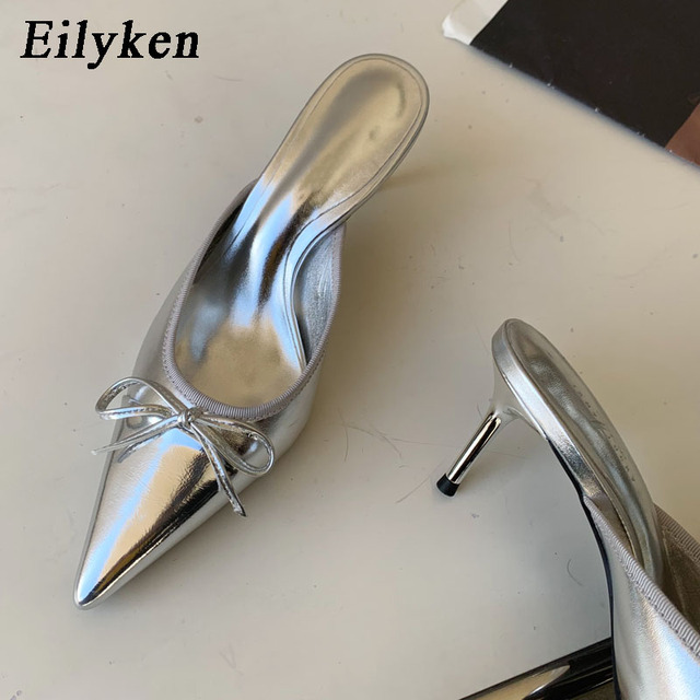 2024 Spring Eilyken New Pointed Toe Women Slipper Fashion Butterfly-knot Shallow Slip On Ladies Mules Shoes Thin High Slides 6684 1a3