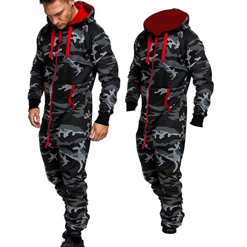 mens jumpsuit hooded plush jumpsuit home clothing camouflage printed personalized casual suit 240829